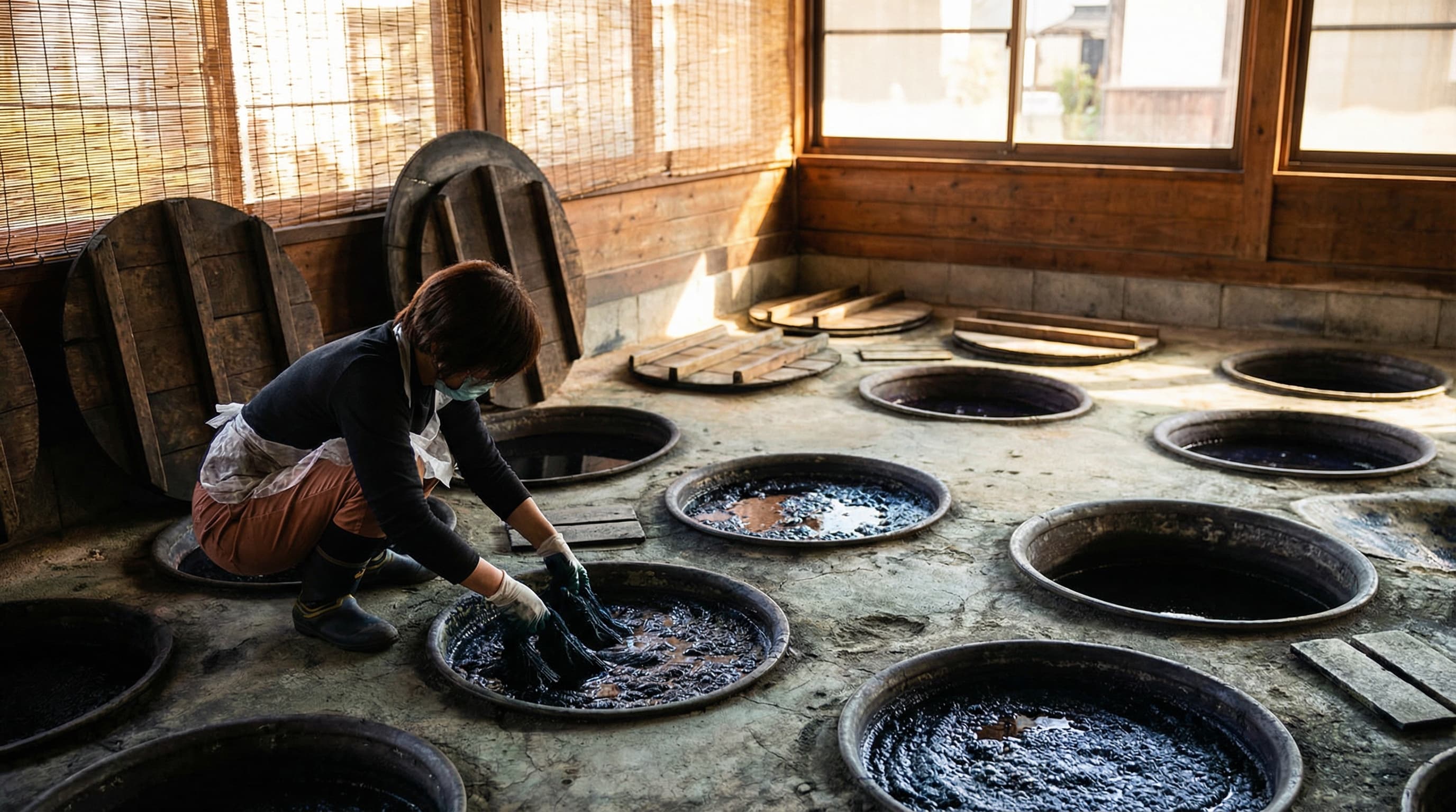 藍染め工程 - 職人が藍甕に糸を浸す様子