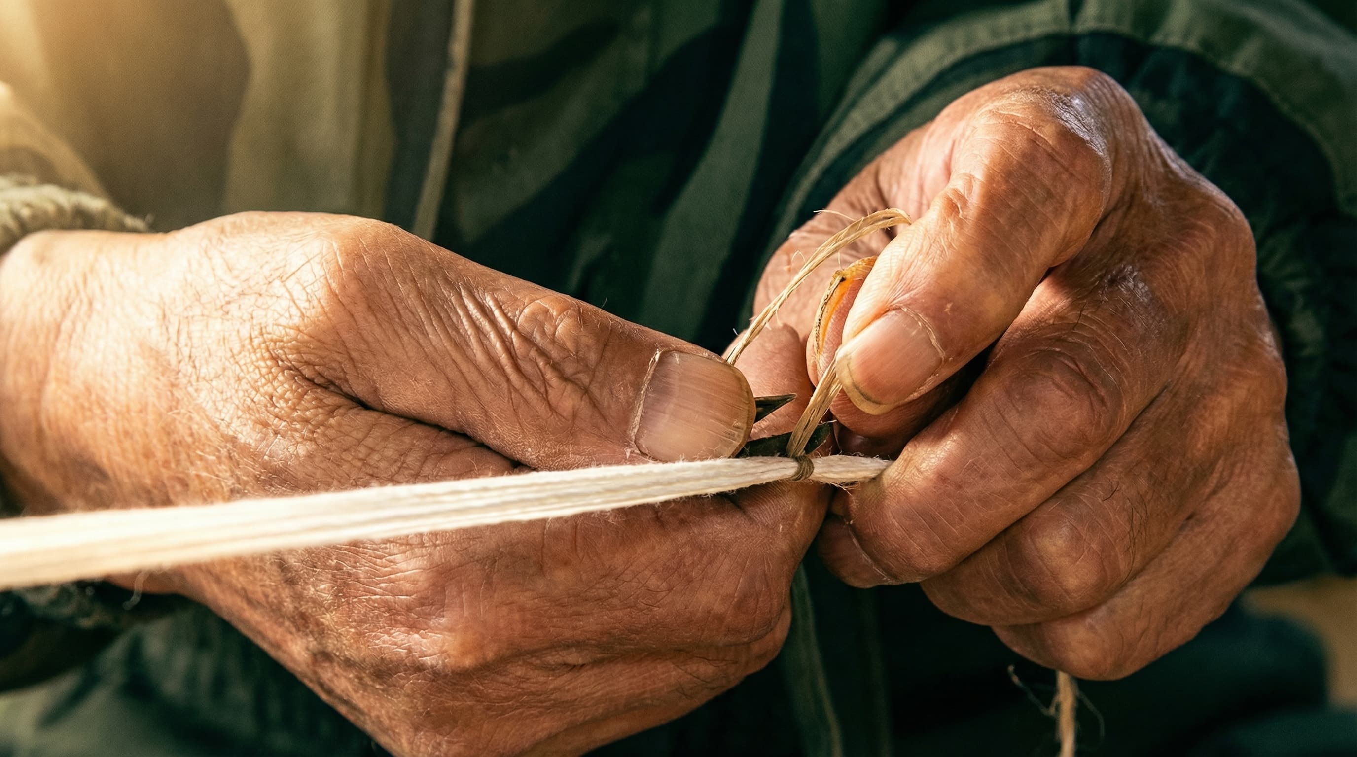 括り作業 - 職人が麻の繊維で糸を括る様子