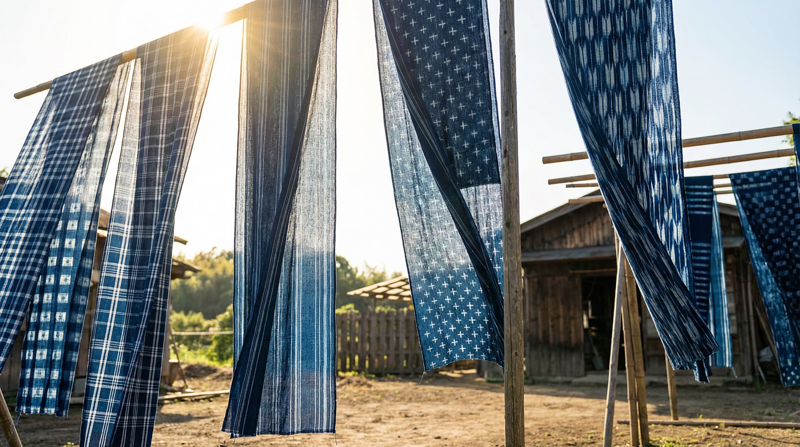 仕上げ工程 - 久留米絣の反物が屋外で天日干しされている様子